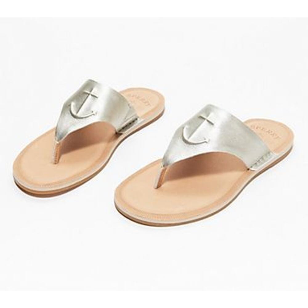 Sperry Top Sider Seaport Metallic Gold Leather Anchor Thong Sandals Womens 7.5